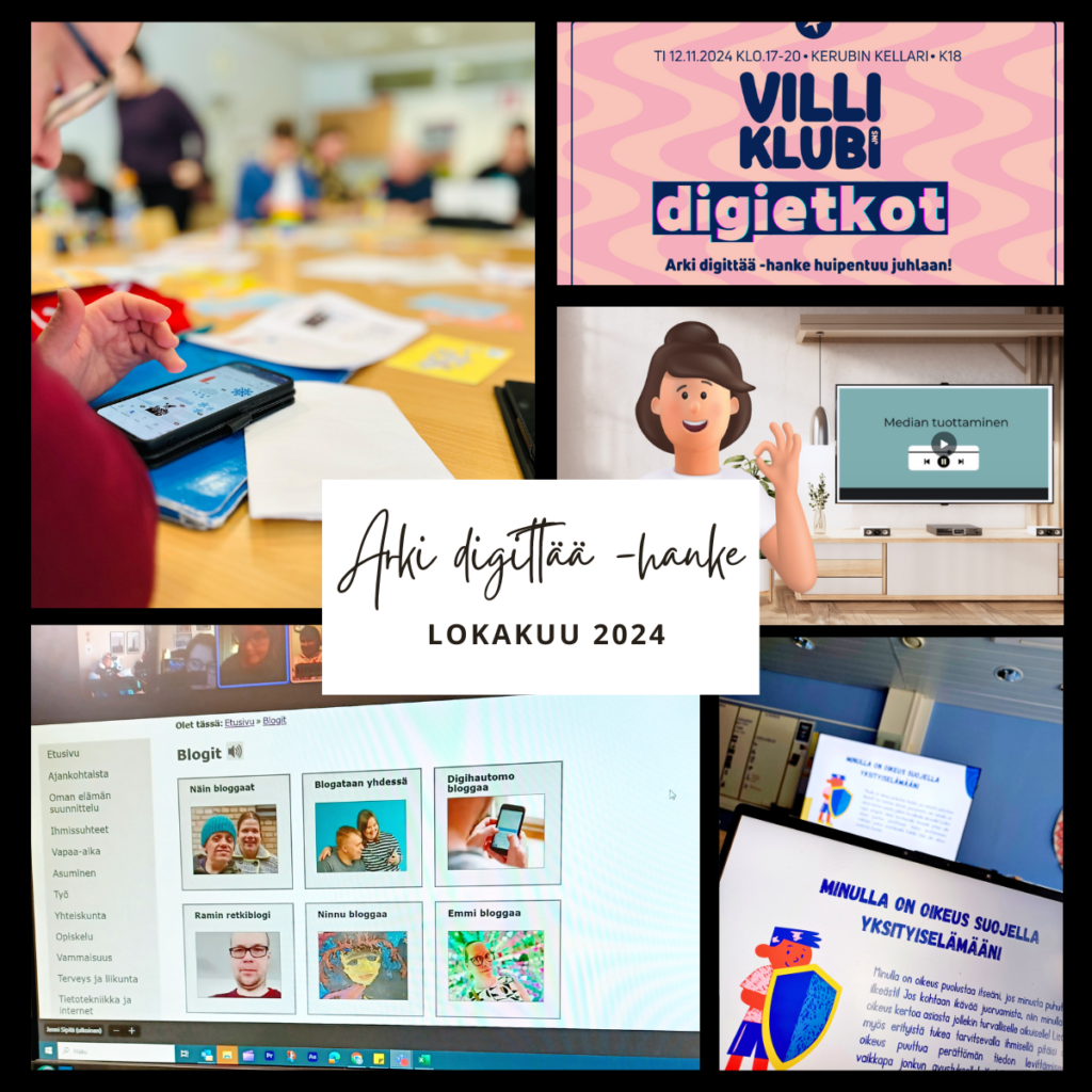 ollaasi Arki digittää -hankkeen lokakuun 2024 tapahtumista.1. Digietkot -tapahtuman mainos. 2. Henkilö käyttää tablettia pöydän ääressä, jolla on papereita ja kortteja. 3. Animaatiohahmo sekä ruutu, jossa lukee "Median tuottaminen." 4. Tietokoneen näytöllä näkyy erilaisia blogikirjoituksia. 5. Canva- esitys oikeudesta yksityisyyteen tietokoneen näytöllä.